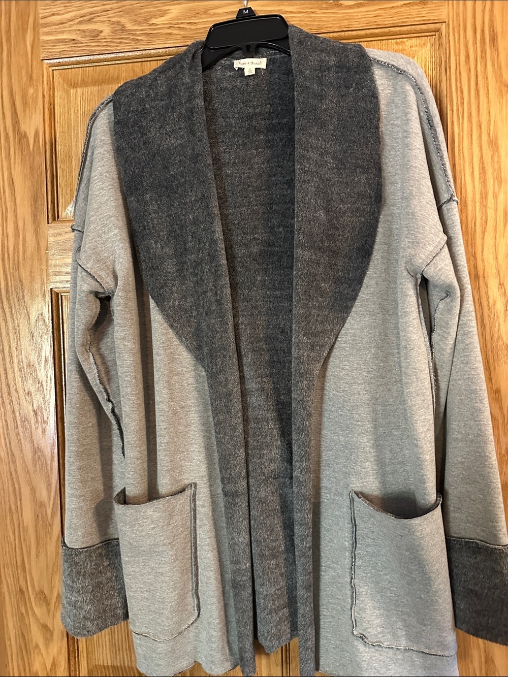 Eileen Fisher Light Gray Cardigan with Dark Gray Shawl Collar